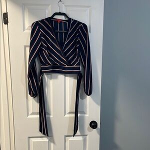 Guess - Womens- Striped Wrap Blouse with Tie Waist- crop- XS